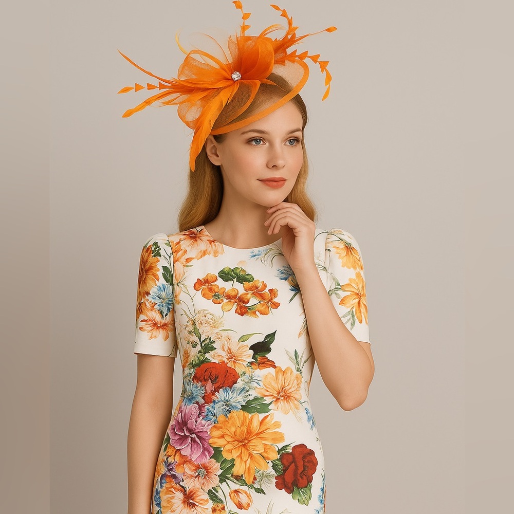 Kentucky Derby Hat Fascinator Disc Organza Feather Bow Orange Church Tea Wedding